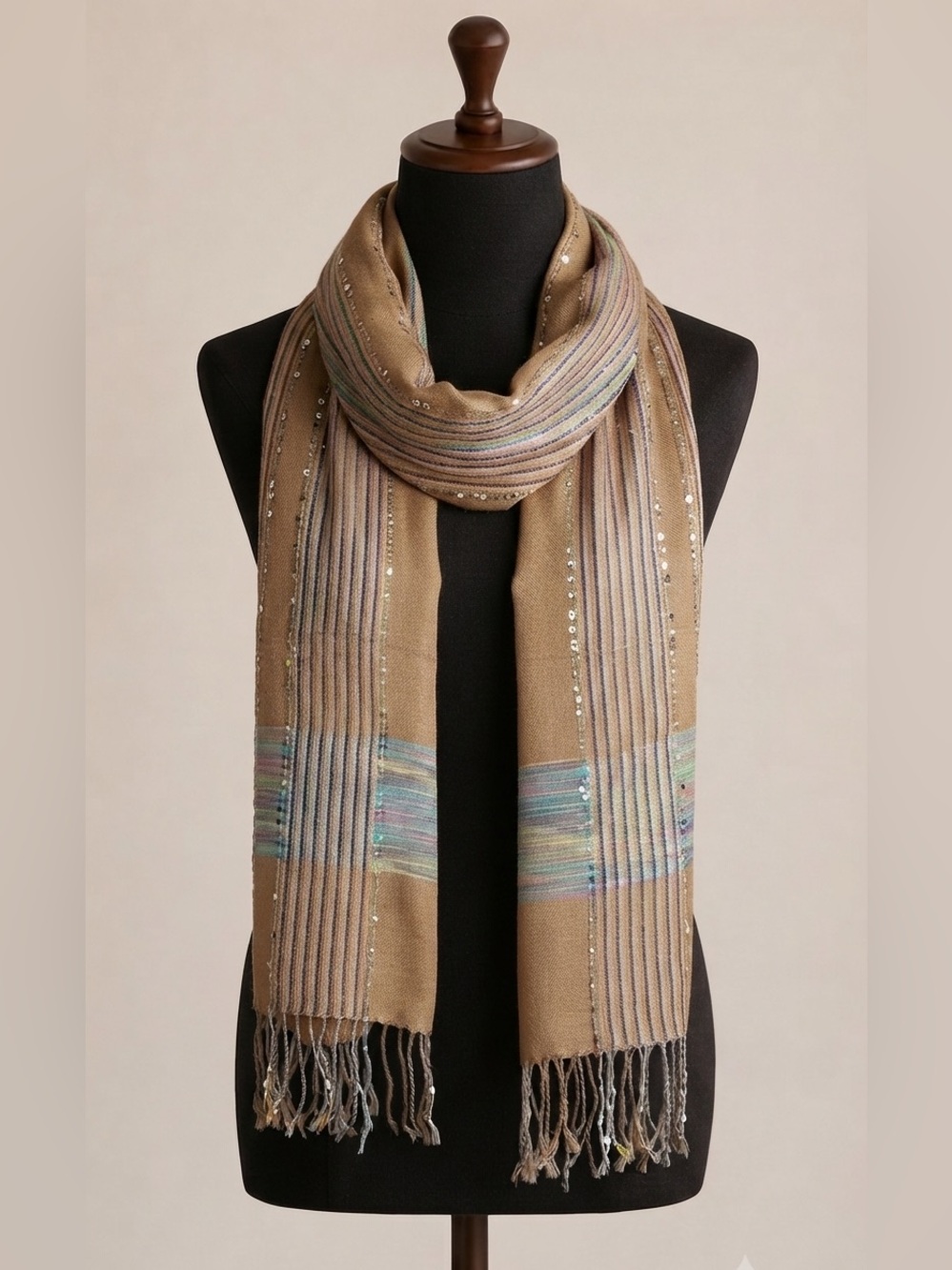 Boho Pashmina Silk Blend Sequin Striped Scarf Wrap - Tan & Multicolored